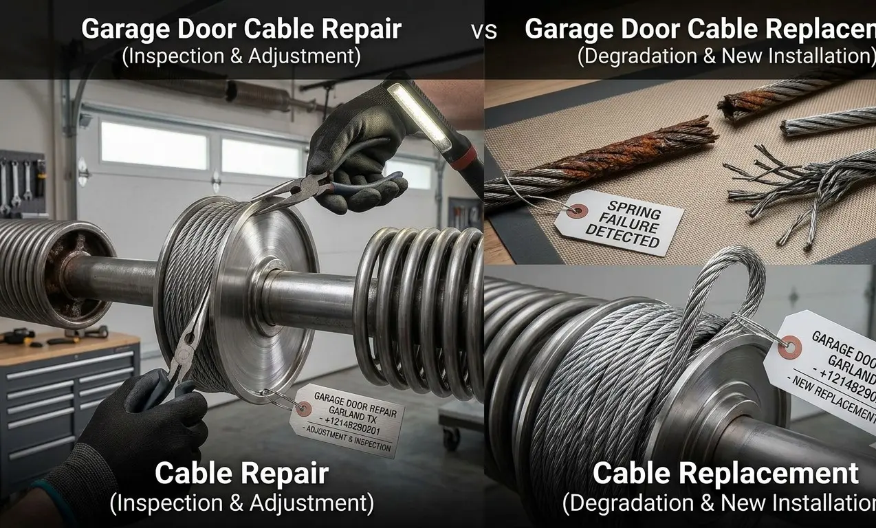 Technician inspecting garage door cables in Garland TX to determine whether repair or complete cable replacement is required.