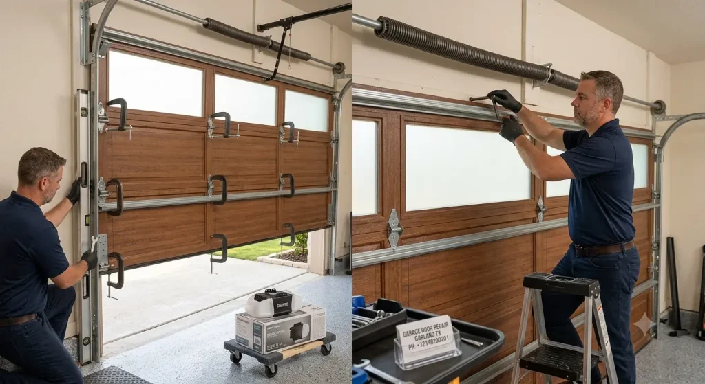 Professional garage door installation technician performing overhead garage door setup in Garland TX