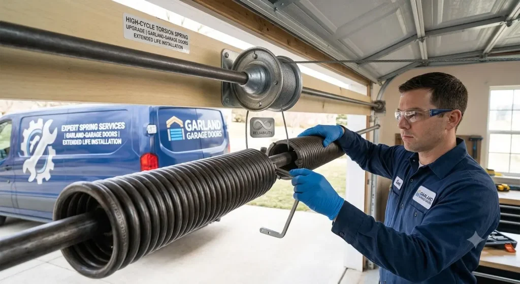 High-cycle garage door spring installation by a professional technician in Garland TX