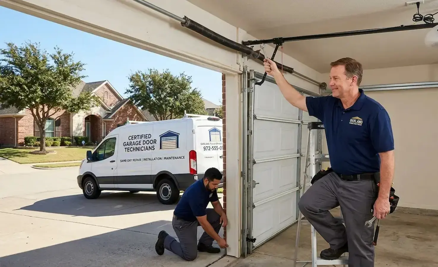 Technician repairing a broken garage door with damaged springs, rollers, and tracks in Garland, TX.