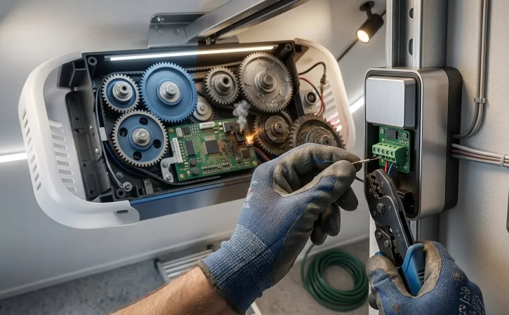 Garage door technician inspecting a faulty garage door opener motor, drive gear, safety sensors, and electrical components in Garland TX.
