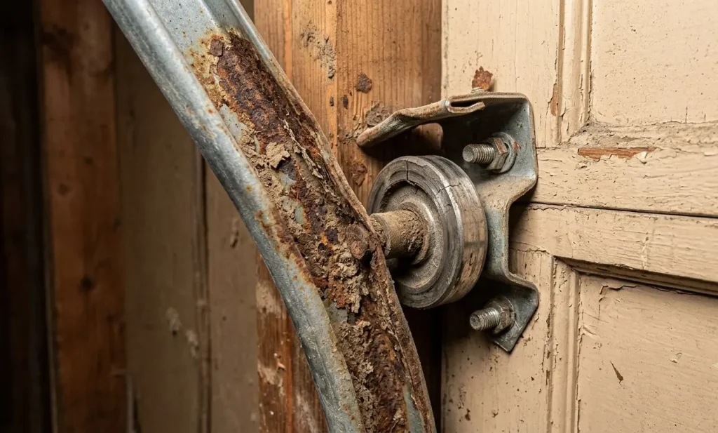 Garage door technician inspecting worn rollers, bent tracks, and damaged hardware in Garland TX.