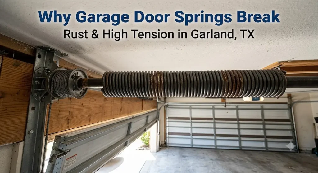Garage door technician inspecting worn torsion springs to identify the cause of spring failure in Garland TX