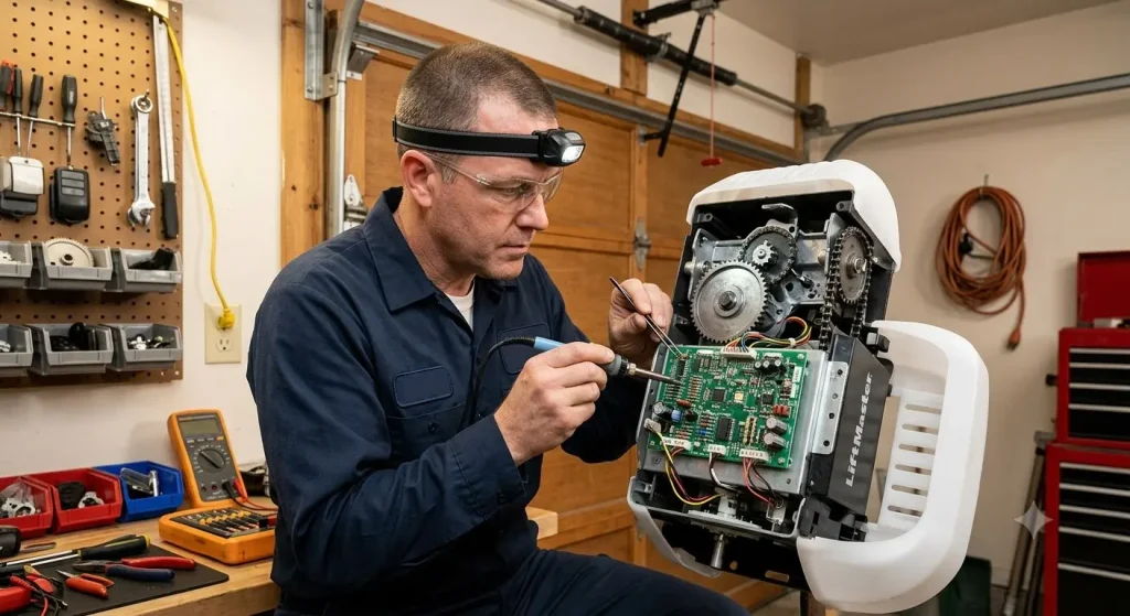 Garage door technician repairing opener components including logic board, drive gear, safety sensors, chain drive, keypad, and remote system in Garland TX.
