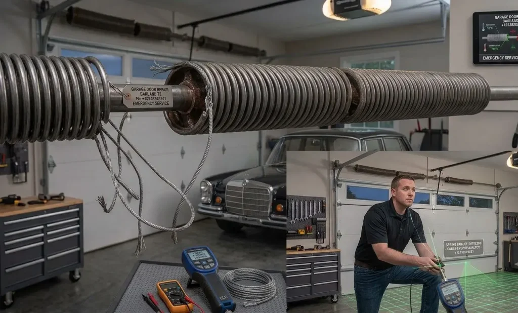 Emergency garage door cable repair in Garland TX for snapped cables causing uneven or stuck garage door operation.