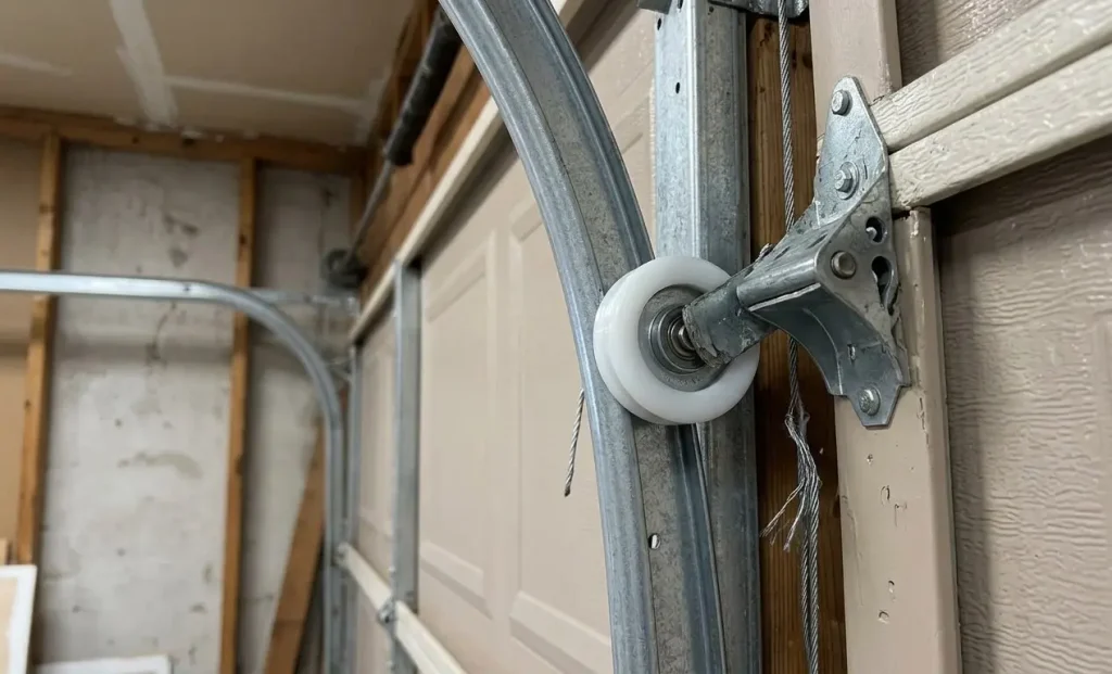 Emergency garage door off-track repair technician restoring a crooked garage door in Garland TX.