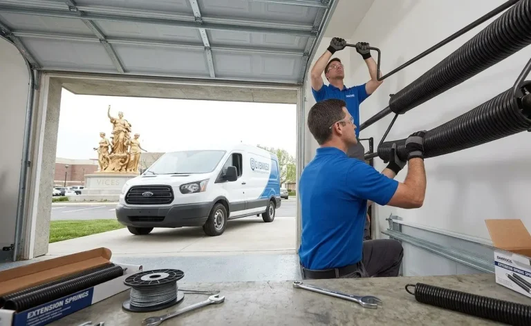Experienced garage door technician inspecting and repairing garage door springs in Garland TX