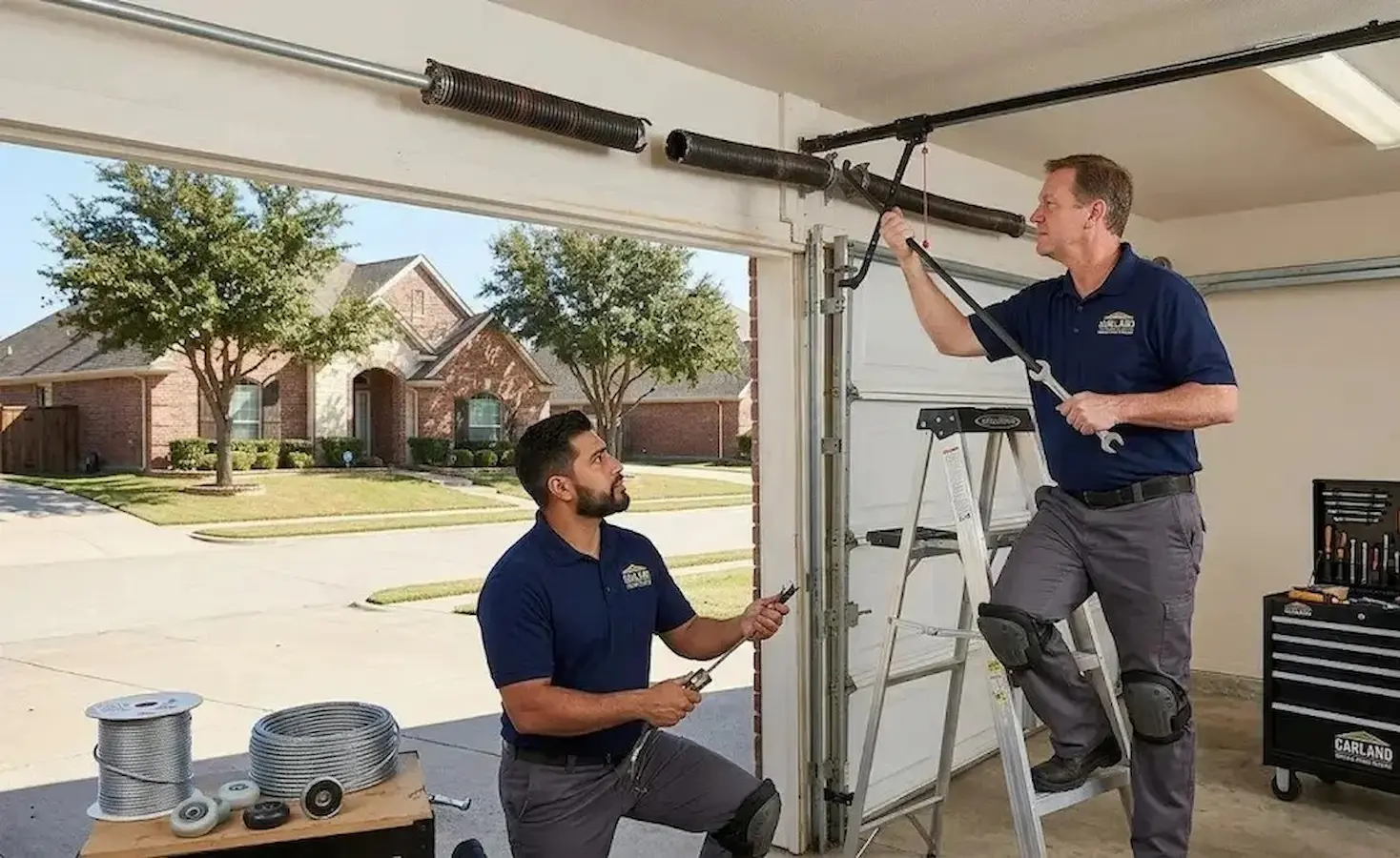 Emergency garage door repair technician fixing a broken garage door in Garland, TX with same-day service.
