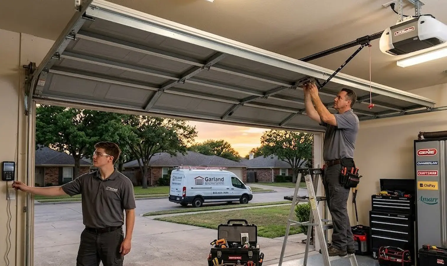 Technician repairing a LiftMaster garage door opener and servicing major garage door brands in Garland, TX.