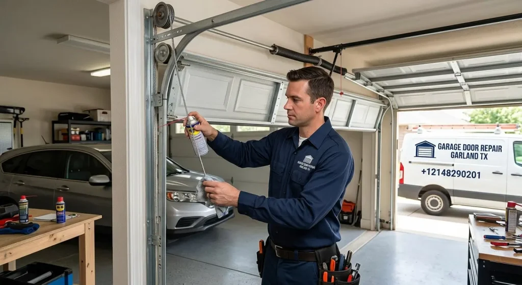 Routine garage door cable maintenance service in Garland TX inspecting lift cables, drums, springs, and hardware.