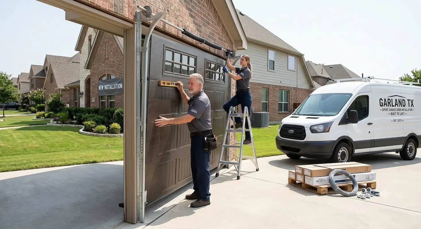 Professional technician installing a new insulated garage door at a residential property in Garland, TX.