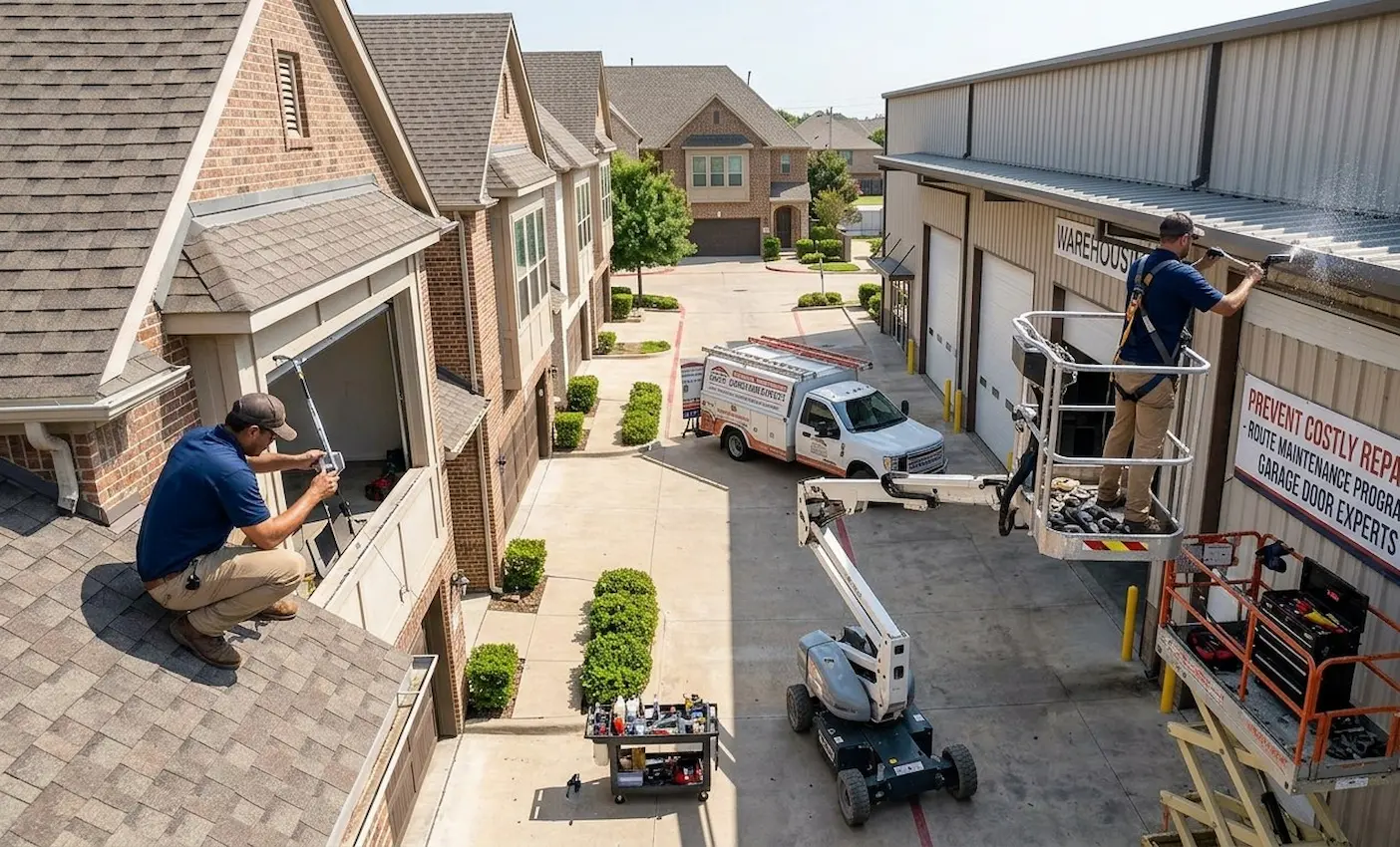 Technician performing routine garage door maintenance and safety inspection in Garland, TX.
