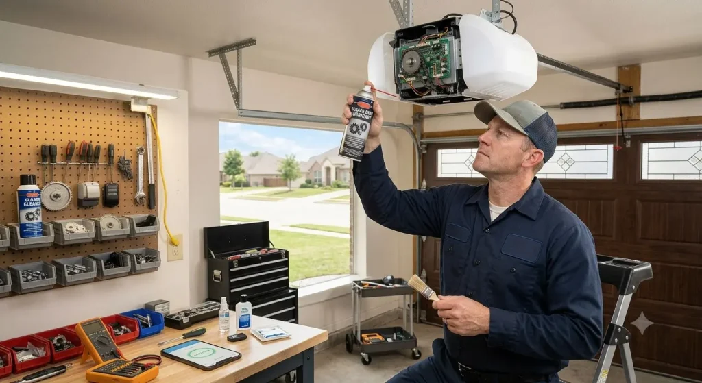 Garage door technician performing preventive maintenance on a garage door opener by lubricating moving parts, inspecting the drive system, and testing safety sensors in Garland TX.