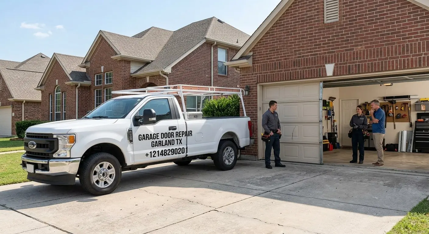 Garage door technician comparing damaged garage door panel repair and replacement options in Garland TX.