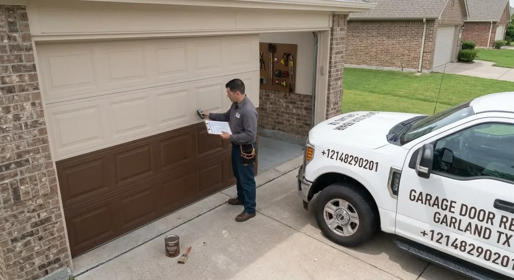 Garage door repainting and panel restoration service in Garland TX improving curb appeal and protecting garage door panels.