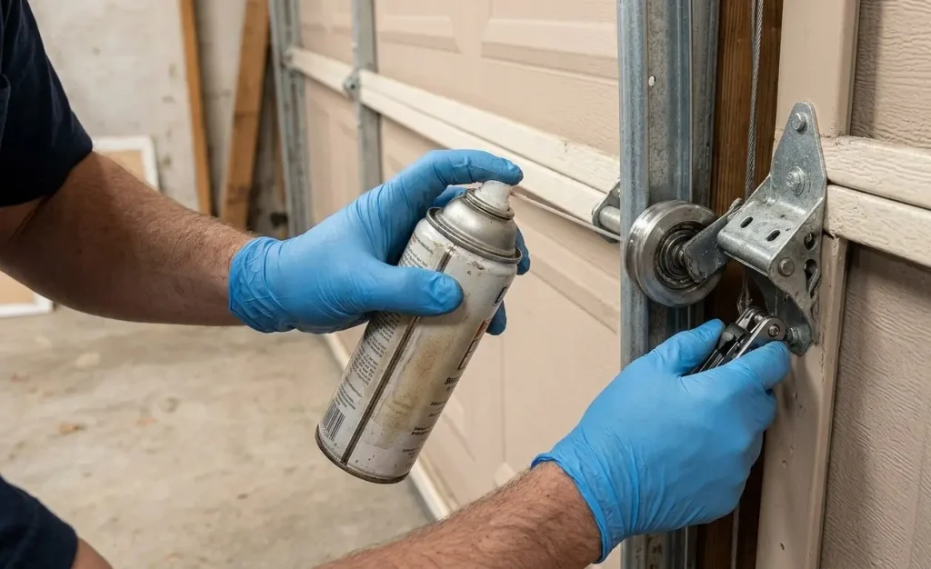 Technician lubricating garage door rollers and inspecting tracks during maintenance service in Garland TX.
