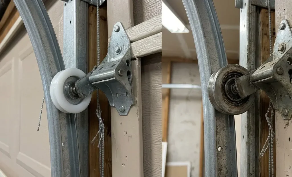 Technician inspecting garage door rollers and bearings before roller replacement in Garland TX.