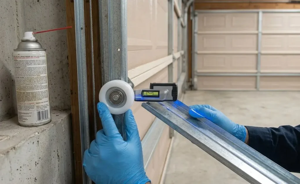 Technician repairing garage door rollers and track system on a residential garage door in Garland TX.