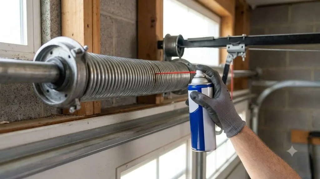 Garage door technician performing spring maintenance and lubrication in Garland TX