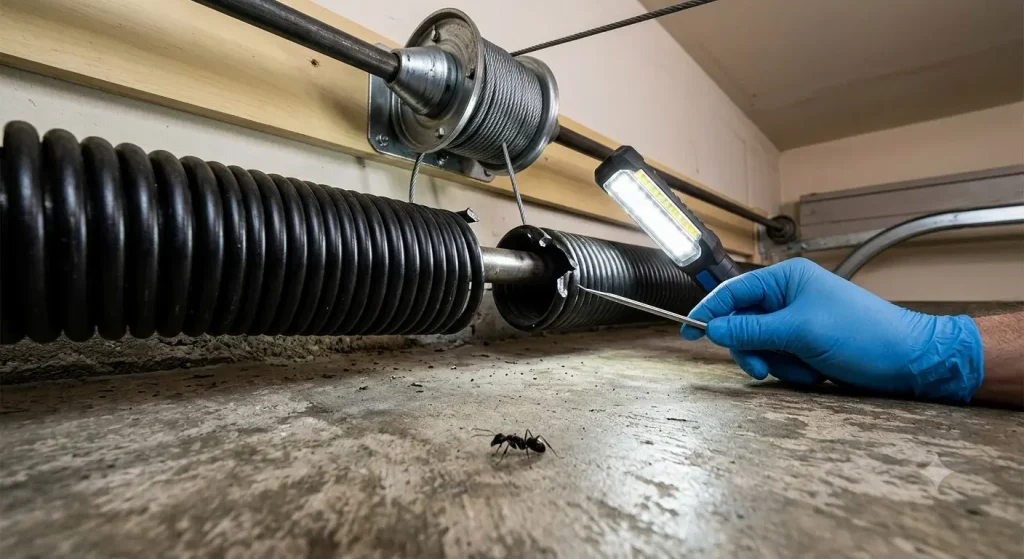 Garage door technician inspecting torsion springs to determine whether repair or replacement is needed in Garland TX