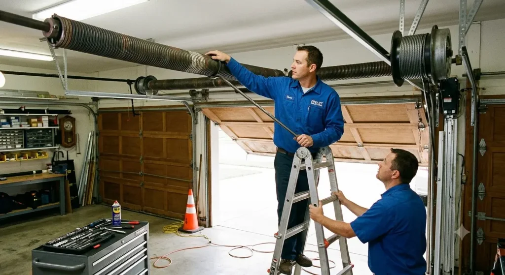 Garage door technician inspecting the lifespan and condition of torsion springs in Garland TX
