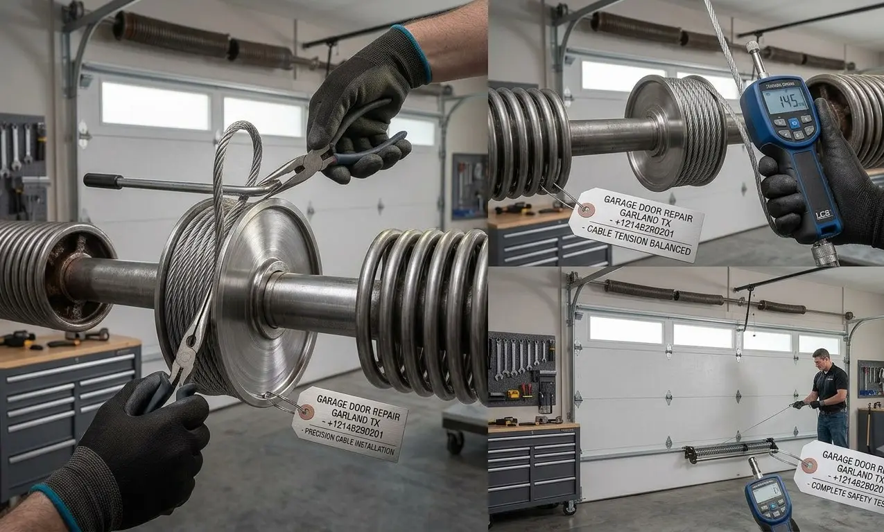 Garage door cable installation and tension adjustment service in Garland TX ensuring balanced and safe garage door operation.