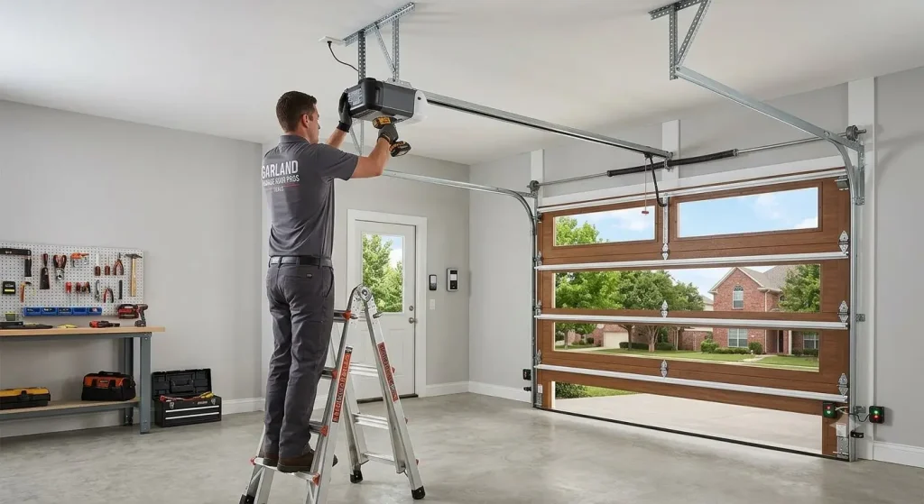 Technician installing a smart garage door opener with safety sensors, rail system, and Wi-Fi connectivity in Garland TX.