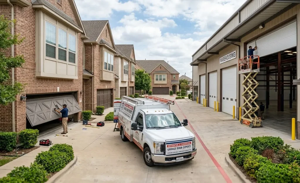 Technician repairing a residential garage door for a homeowner in Garland, TX.