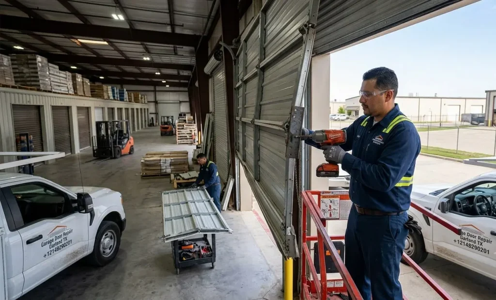 Residential and commercial garage door panel repair services in Garland TX for homes, warehouses, retail buildings, and industrial properties.