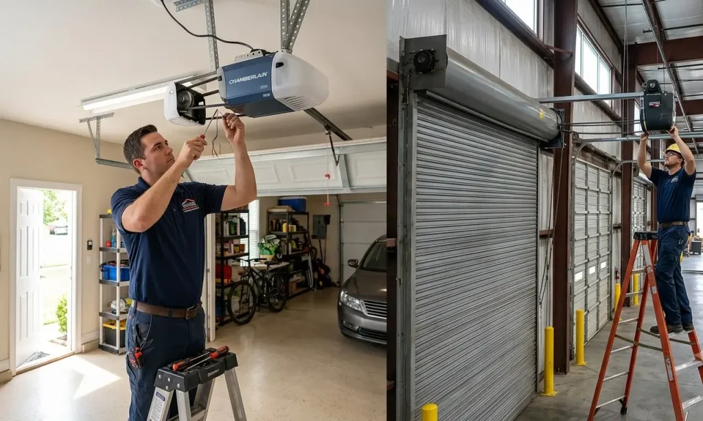 Technician repairing and installing residential and commercial garage door opener systems for homes, warehouses, retail buildings, and industrial properties in Garland TX.