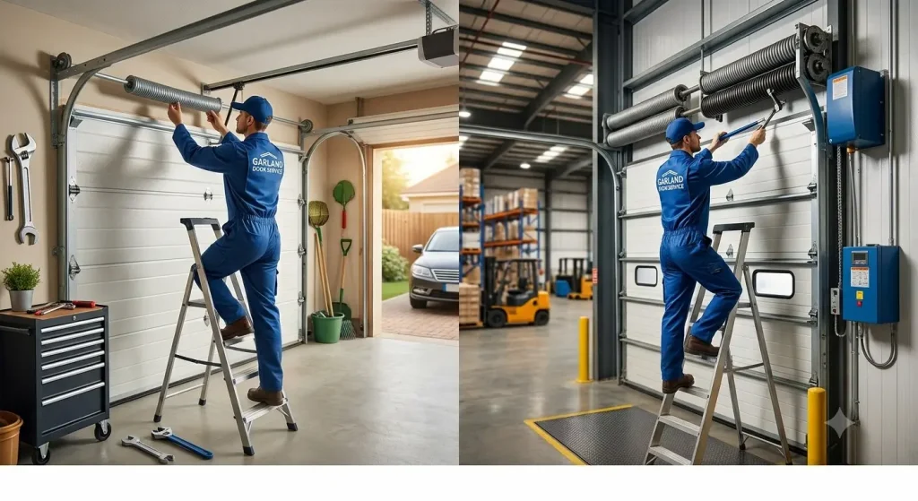 Technician repairing residential and commercial garage door springs in Garland TX