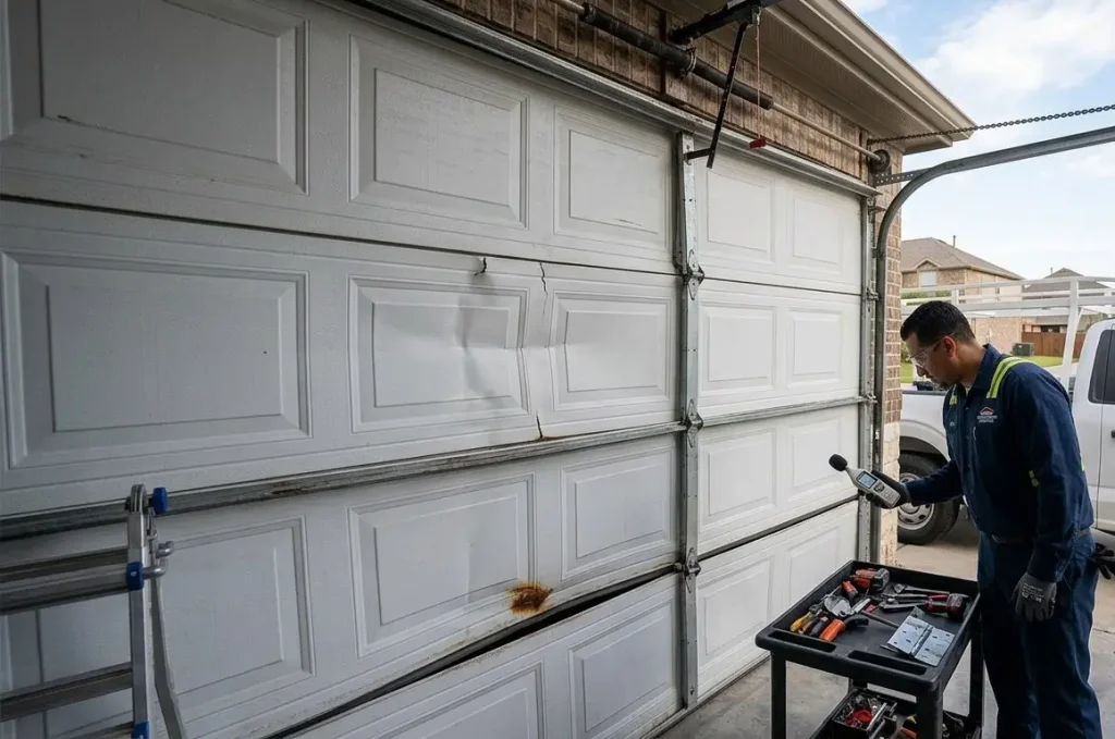 Garage door panel repair in Garland TX fixing dented, cracked, rusted, warped, and damaged garage door panels before they cause further system damage.