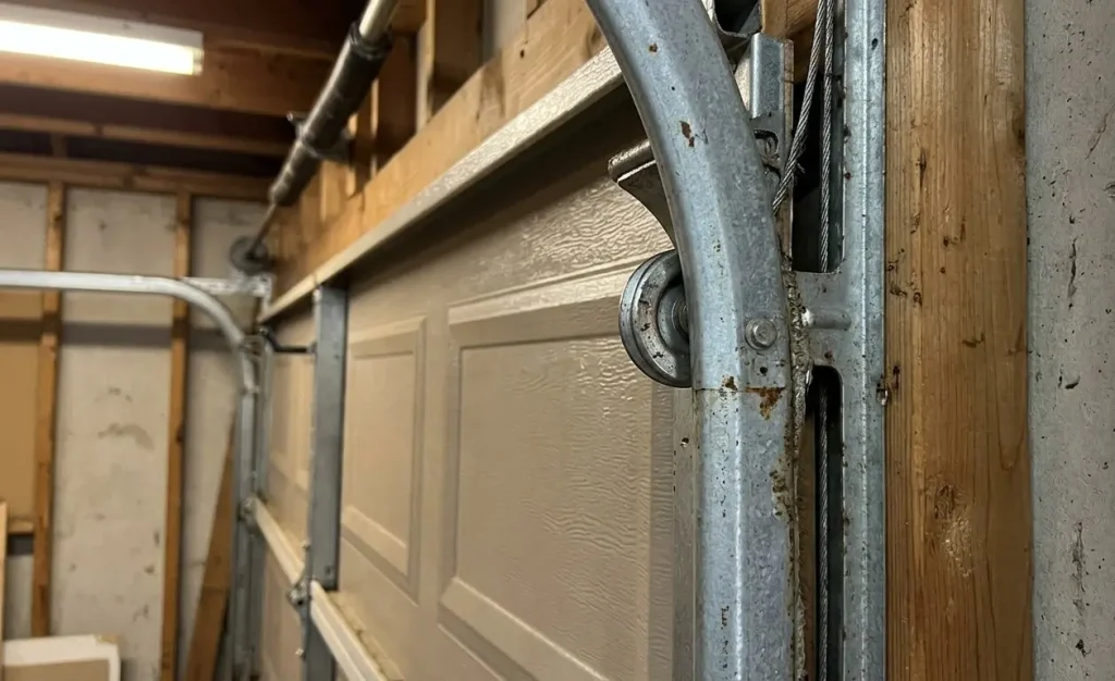 Technician inspecting worn garage door rollers and bent tracks during garage door roller and off-track repair service in Garland TX.