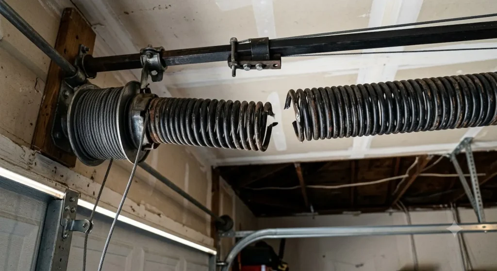 Garage door technician inspecting a broken torsion spring in Garland TX