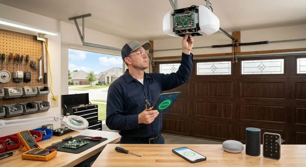 Technician installing a smart Wi-Fi garage door opener with smartphone control, myQ, Alexa, and Google Home integration in Garland TX.