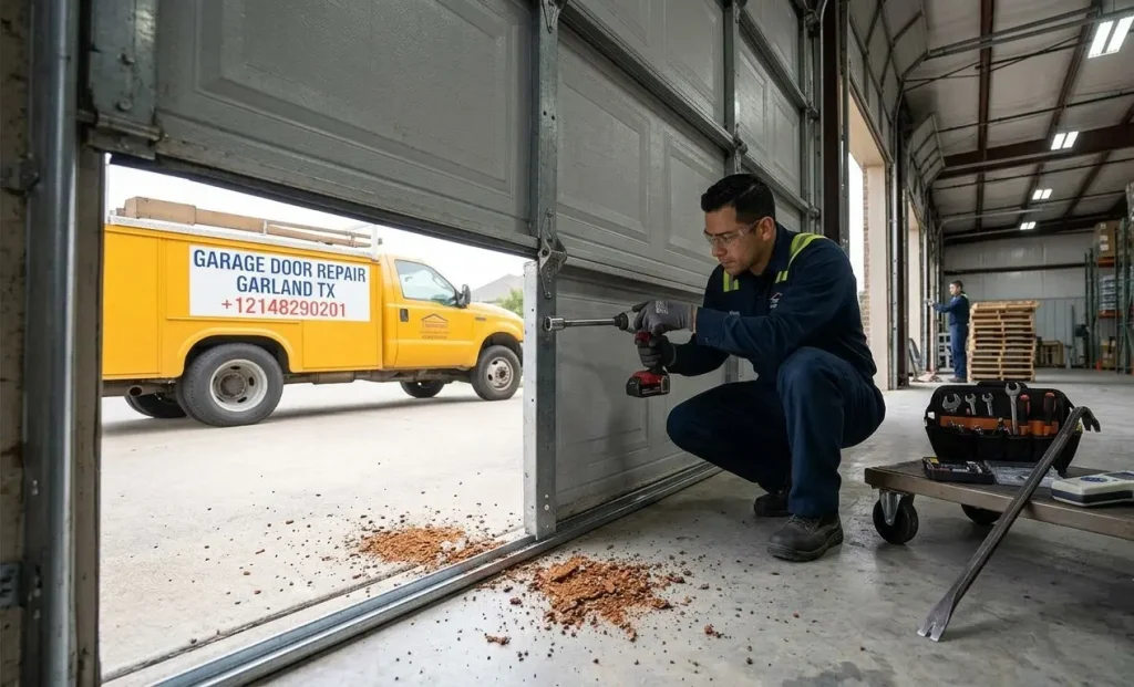 Technician inspecting damaged garage door panels in Garland TX caused by vehicle impact, rust, weather, aging, and structural stress.