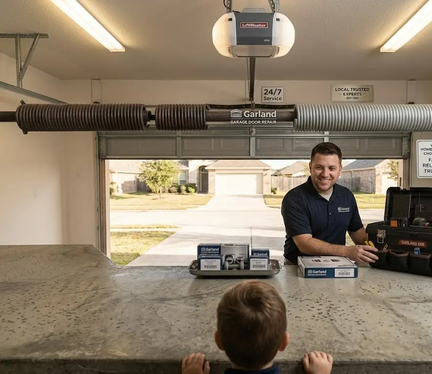 Garage door technician inspecting a garage door and providing a repair cost estimate in Garland, TX.