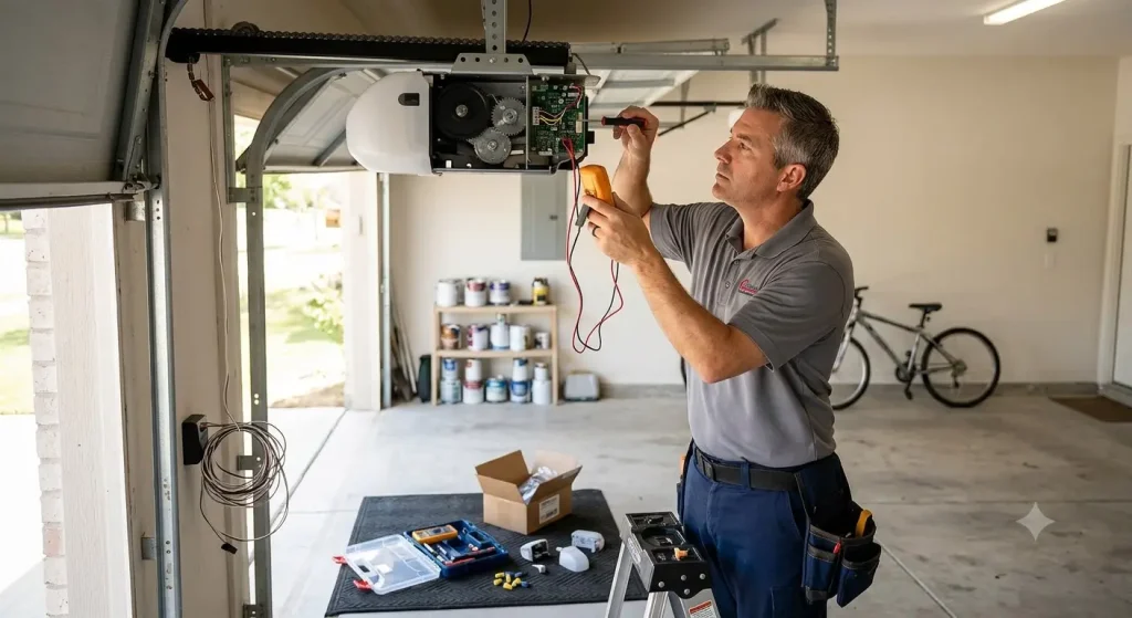 Certified garage door technician repairing a LiftMaster garage door opener motor, safety sensors, and electronic control system in Garland TX.