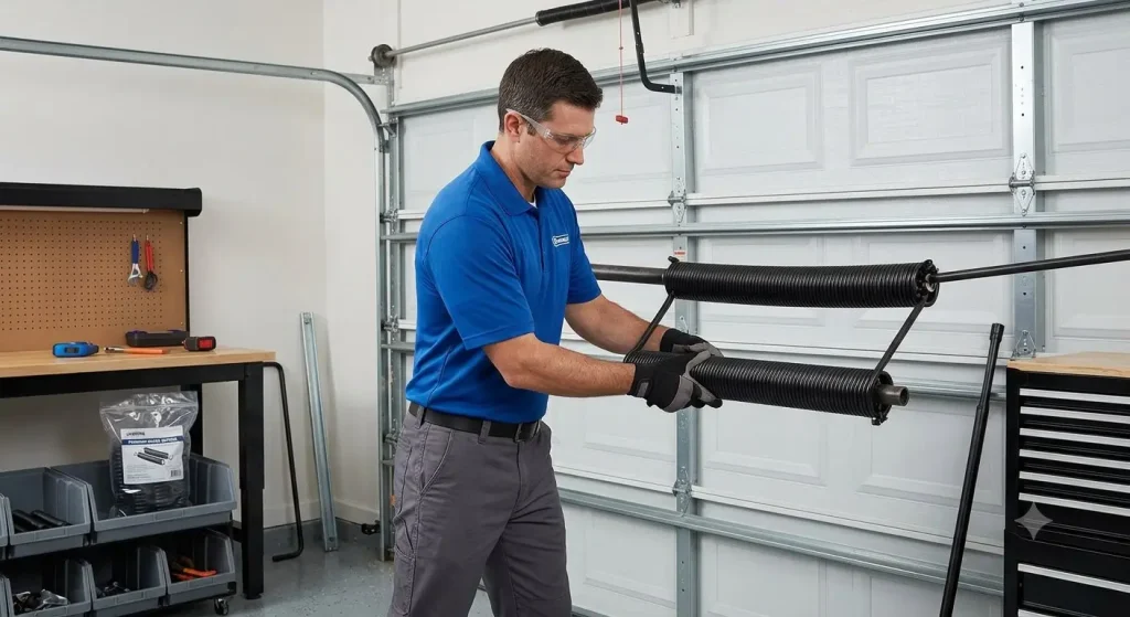 Professional technician safely repairing a garage door torsion spring in Garland TX