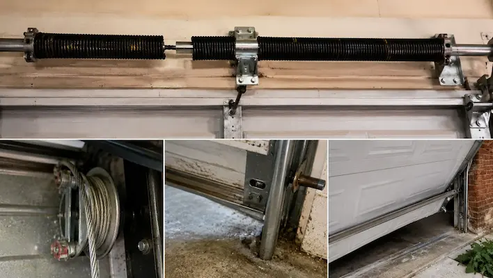 Broken torsion spring, frayed garage door cable, and off-track garage door requiring professional repair in Garland TX.
