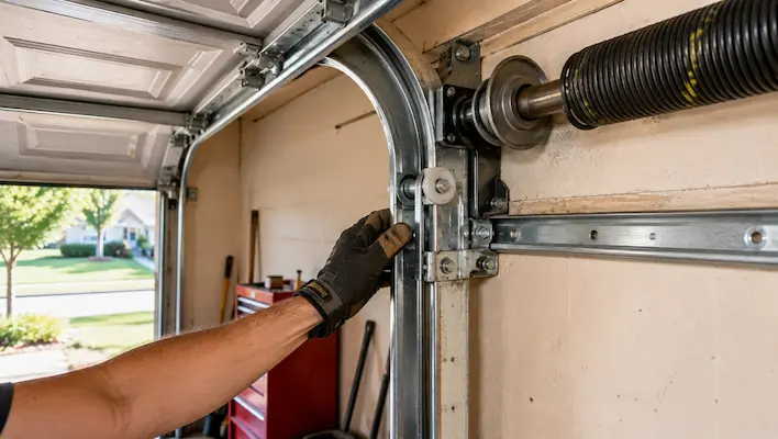 Garage door stuck halfway open with technician inspecting the track in Garland TX