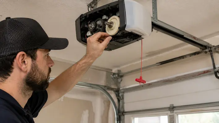 Garage door opener making grinding noise with worn drive gear in Garland TX