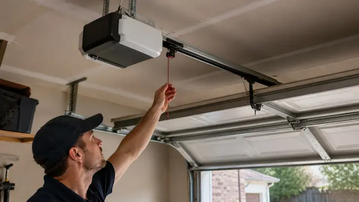 Homeowner pulling the garage door opener emergency release cord while troubleshooting a garage door that won't open in Garland TX.