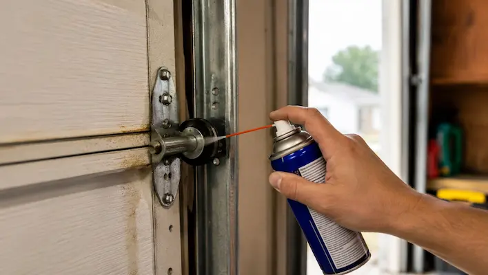 Garage door roller and hinge lubrication to reduce grinding noise in Garland TX