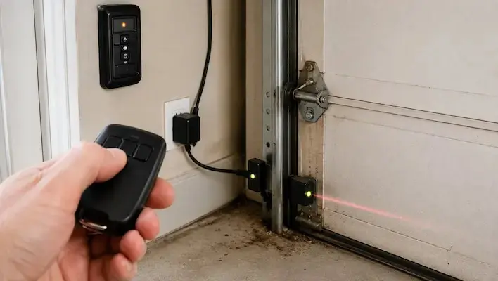 Homeowner checking garage door safety sensors and remote while troubleshooting a garage door not opening in Garland TX.
