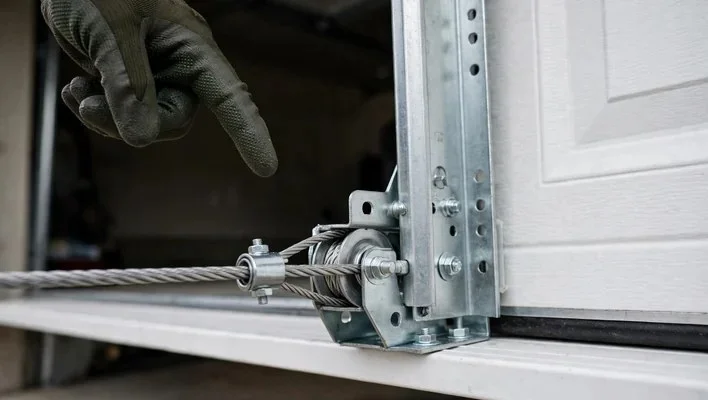 Gloved hand pointing to a garage door cable and drum mechanism