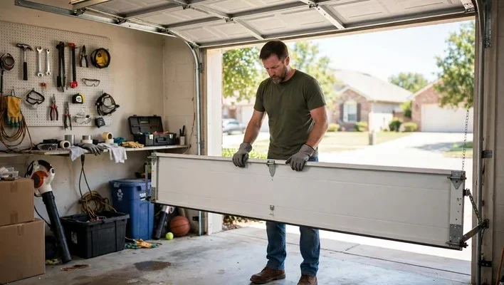 Man holding a garage door halfway open during a balance check in a garage