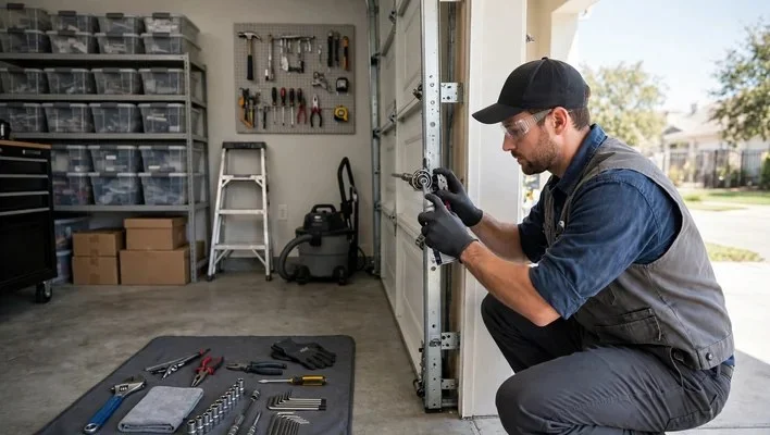 Technician lubricating a garage door track and roller in a garage
