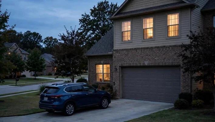 Two-story house at dusk with lights on and a closed garage door