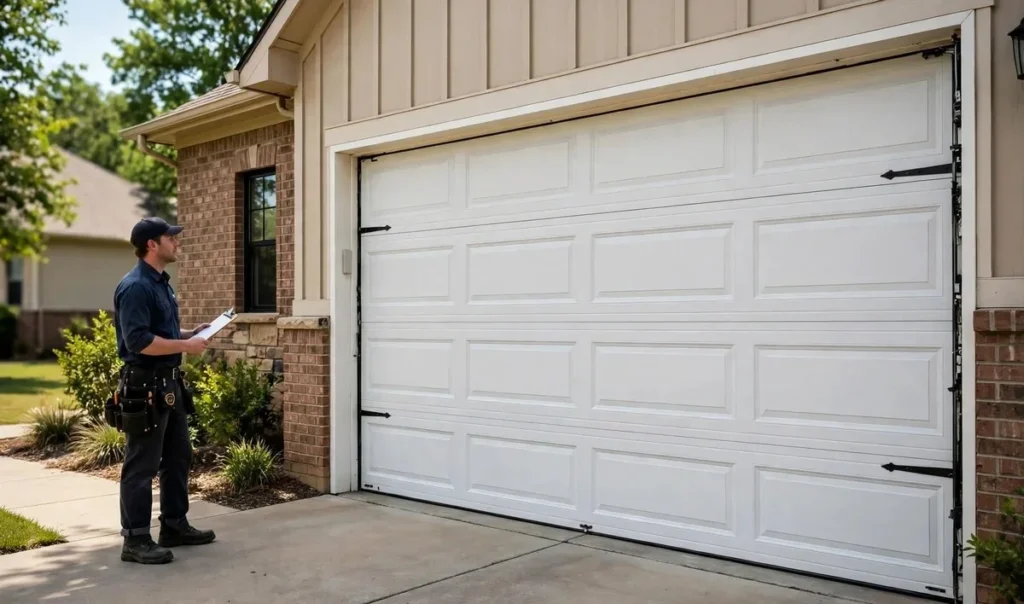 Technician inspecting a white garage door on a brick house in Garland, Texas